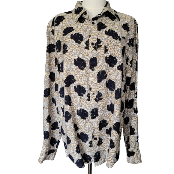 Floral Paisley Navy Gold White Button Top Women M Fall Artsy Office Work Classy - Picture 1 of 10